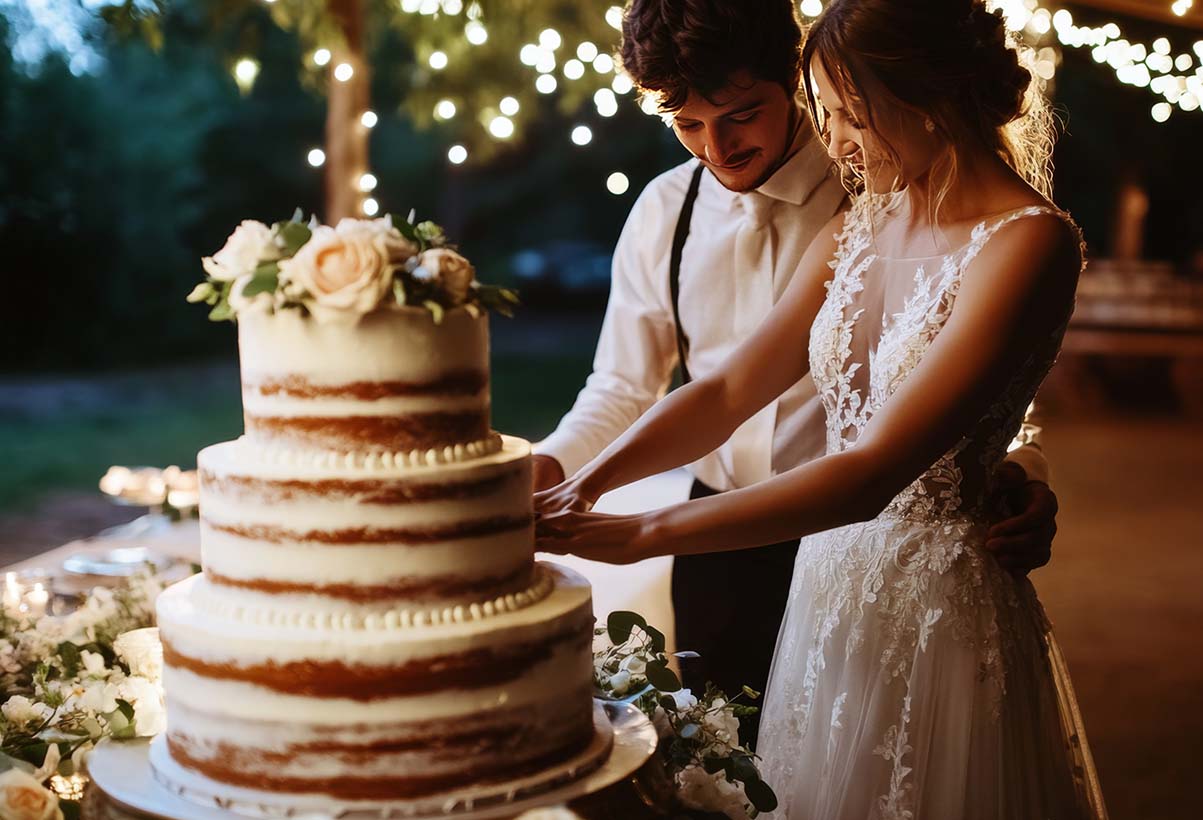 layered wedding cake, newlyweds, cutting cake, outdoor wedding, cape cod