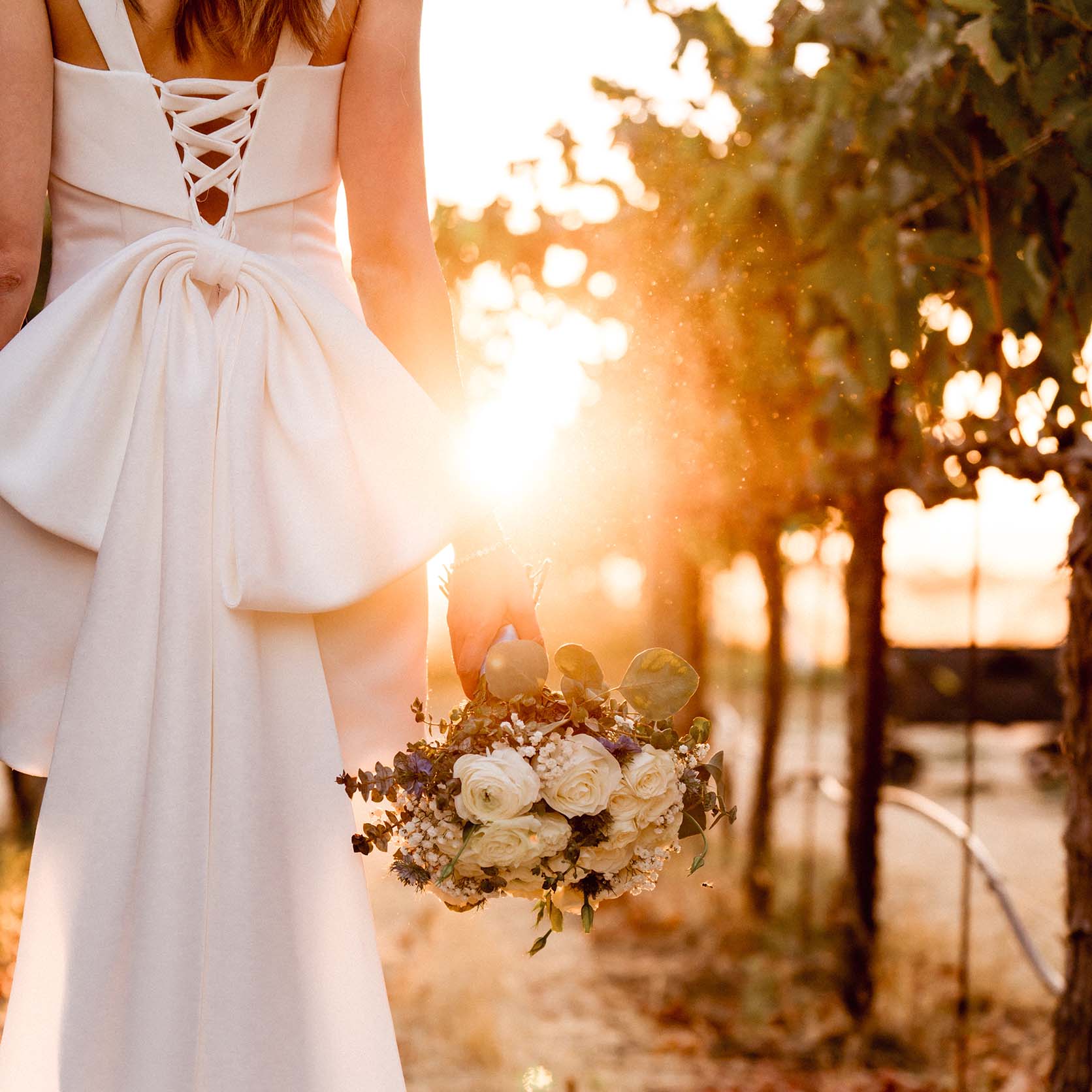 wedding dress, wedding bouquet, wedding, vineyard