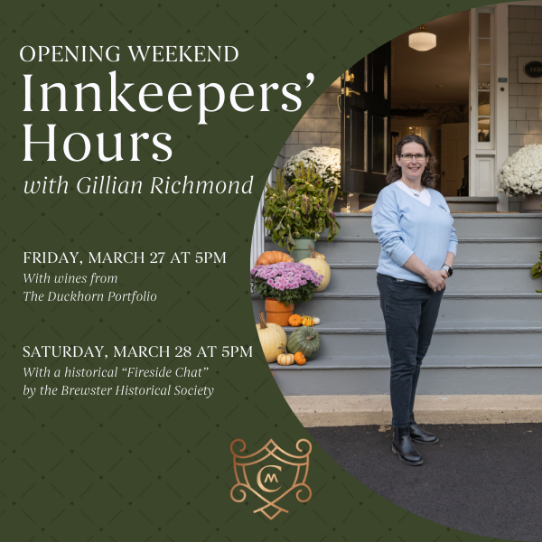 An image of an innkeeper in front of her inn and details on an opening weekend event