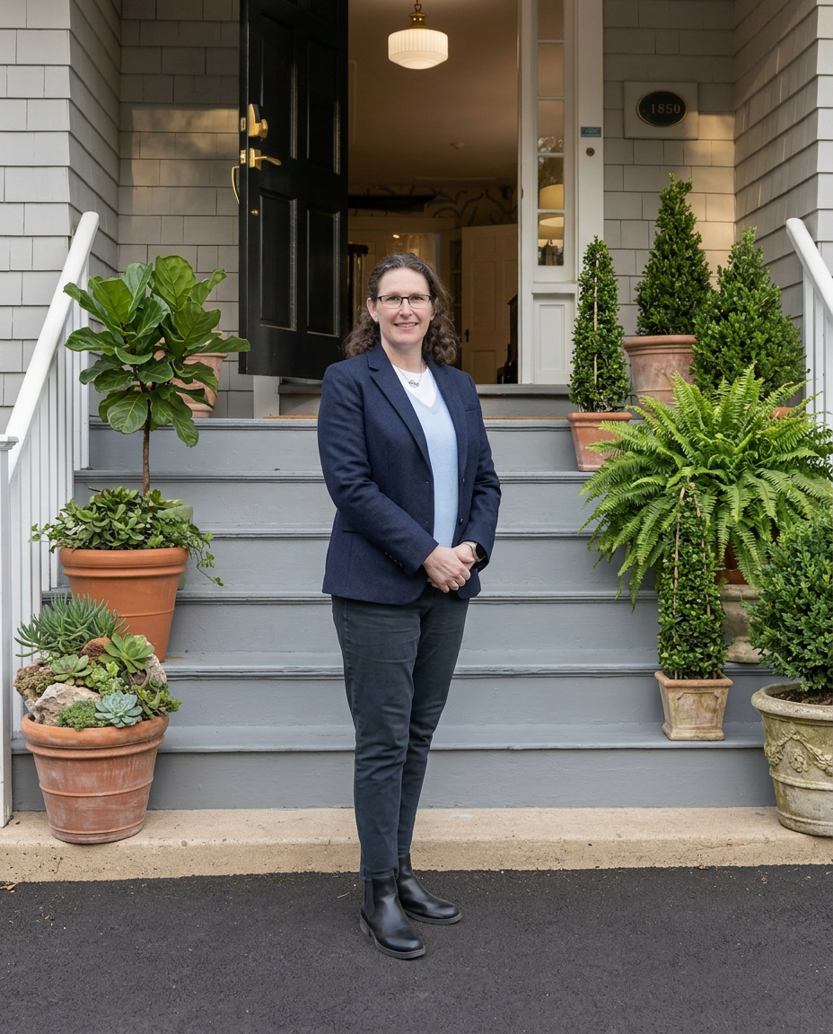 Gillian Richmond, Innkeeper, standing in front of The Charm on Main