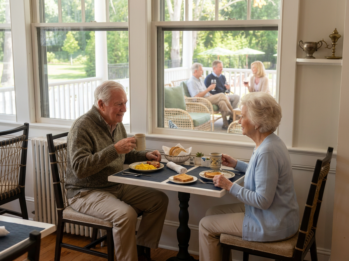 two people in their 70s enjoying breakfast inside an inn