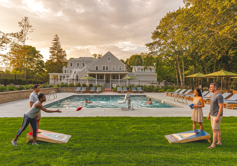 two couples playing cornhole by the pool