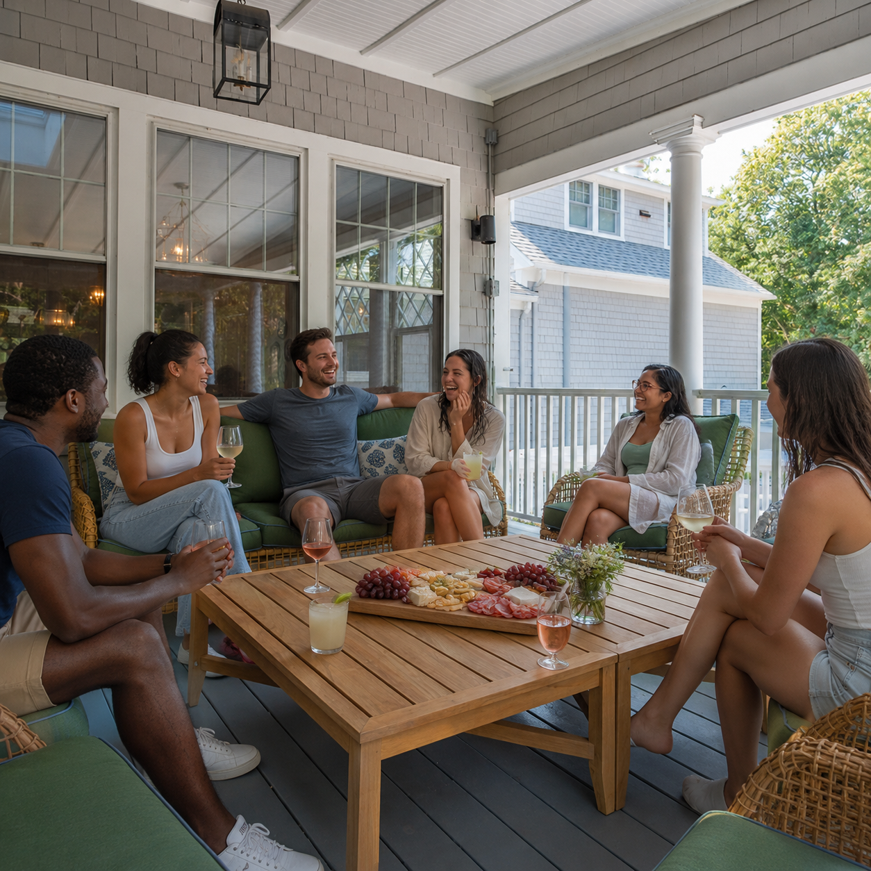 a group of people sitting on a porch talking